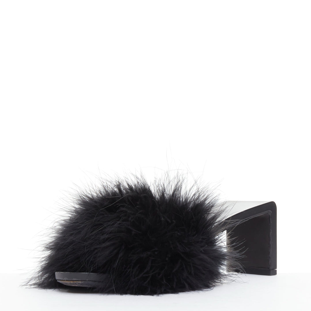 BALENCIAGA Boudoir black feather open toe slipper mule sandals EU37
