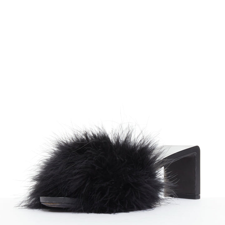 BALENCIAGA Boudoir black feather open toe slipper mule sandals EU37