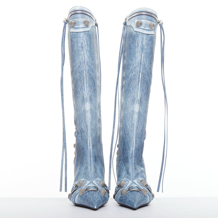 BALENCIAGA Cagole blue denim printed leather silver stud moto tall boots EU37