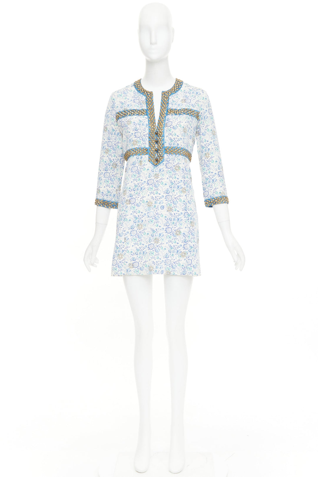 CHLOE Vintage blue cream gold studded floral harness detail open neck mini dress