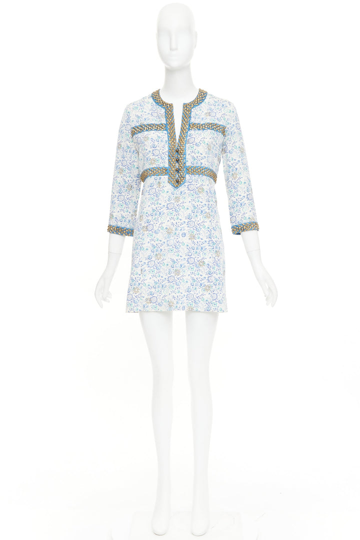 CHLOE Vintage blue cream gold studded floral harness detail open neck mini dress