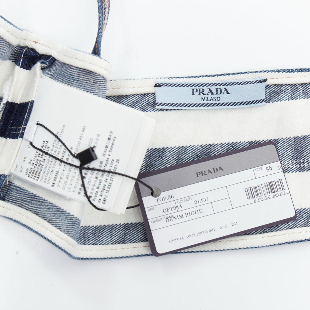 new PRADA blue white striped black triangle logo denim bustier bra IT36 XXS