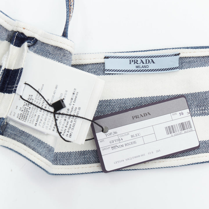 new PRADA blue white striped black triangle logo denim bustier bra IT36 XXS
