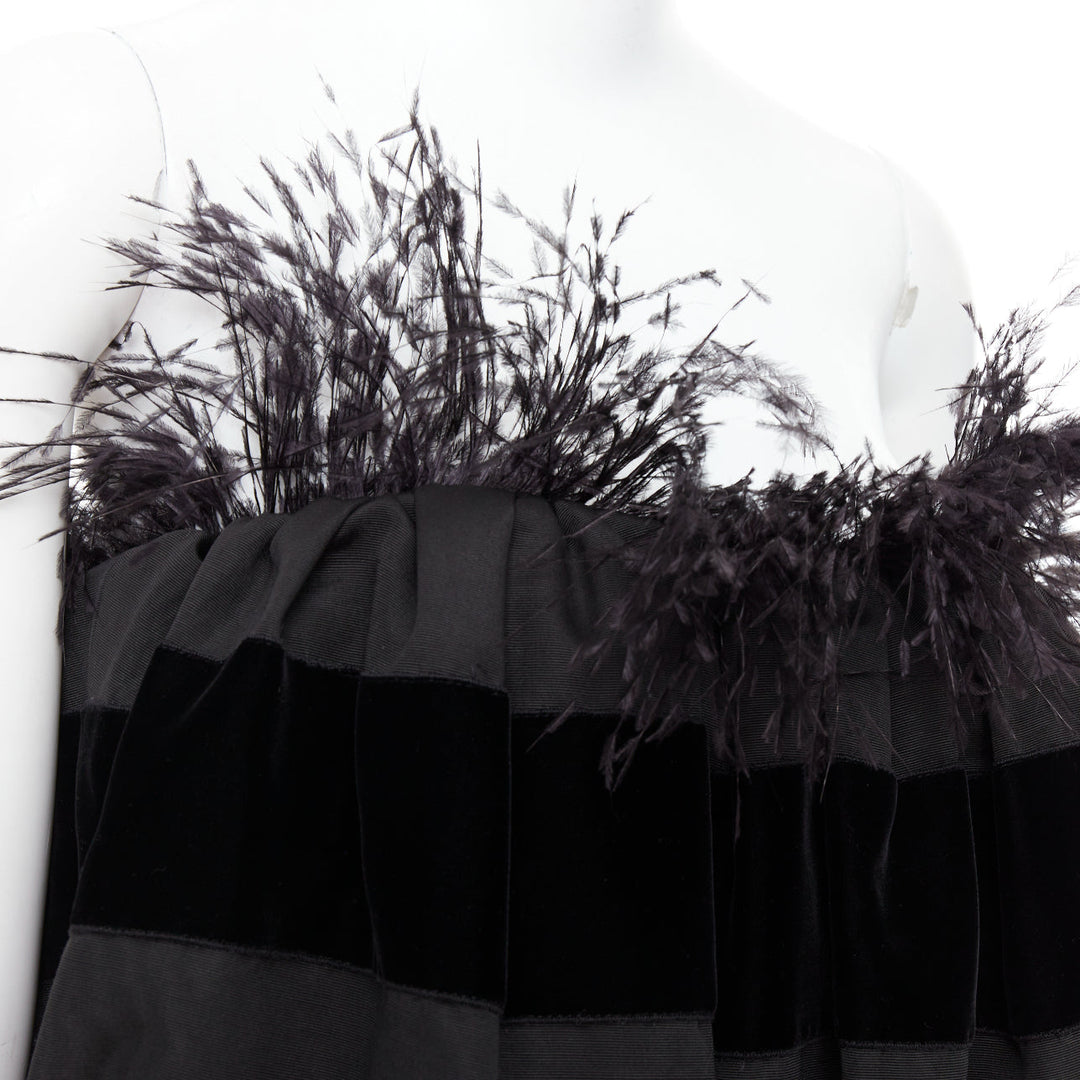 rare SAINT LAURENT 2021 Runway black feather velvet striped Le Pouf dress FR36 S