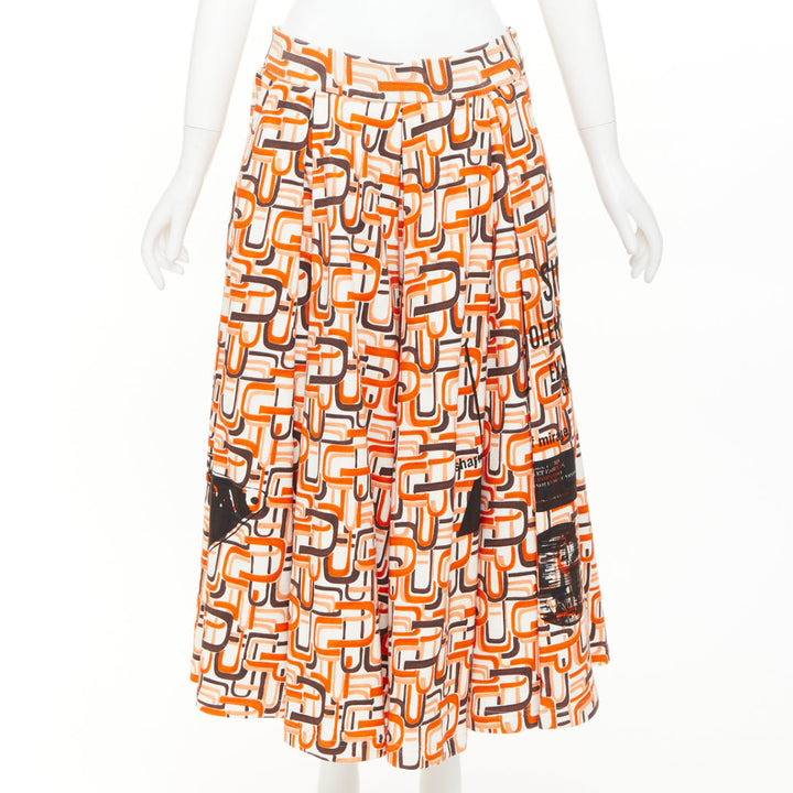 PRADA 2021 Runway orange geometric link print triangle logo cotton midi skirt M
