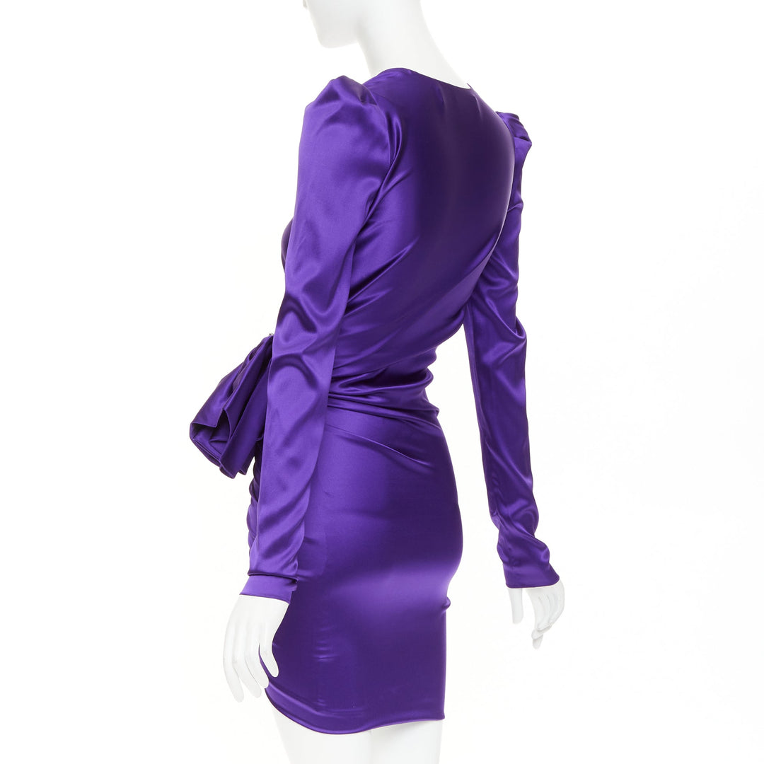 ALEXANDRE VAUTHIER crystal buckle draped purple silk satin mini dress FR34 XS