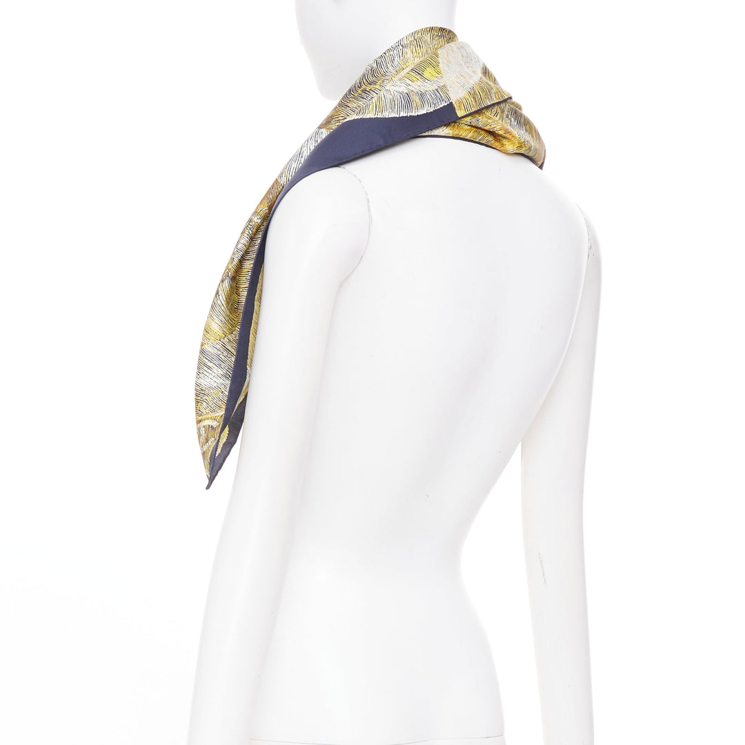 CHANEL navy gold graphic cc camellia logo print silk twill square scarf
