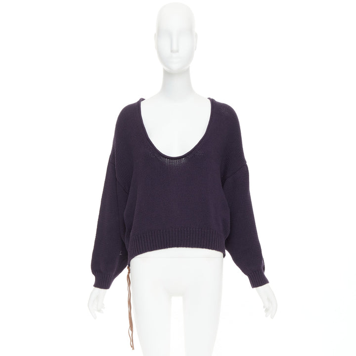 ACNE STUDIOS 2011 Sharp navy cotton wide scoop neck leather zip sweater XS