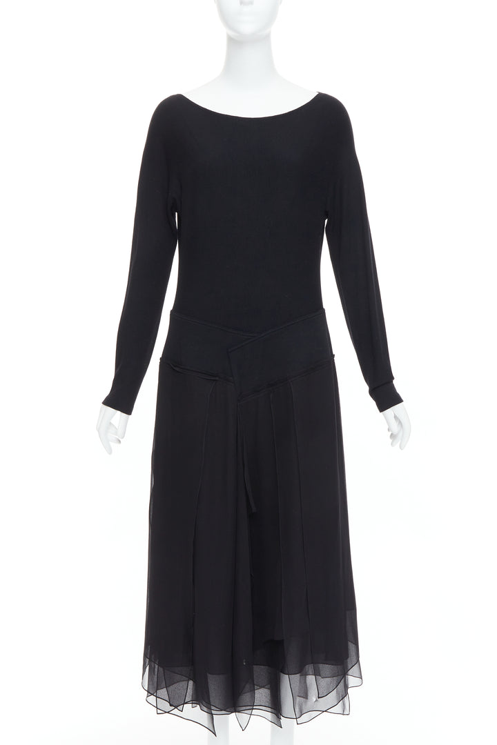 DONNA KARAN Vintage black silk trimmed viscose wool boxy midi dress L