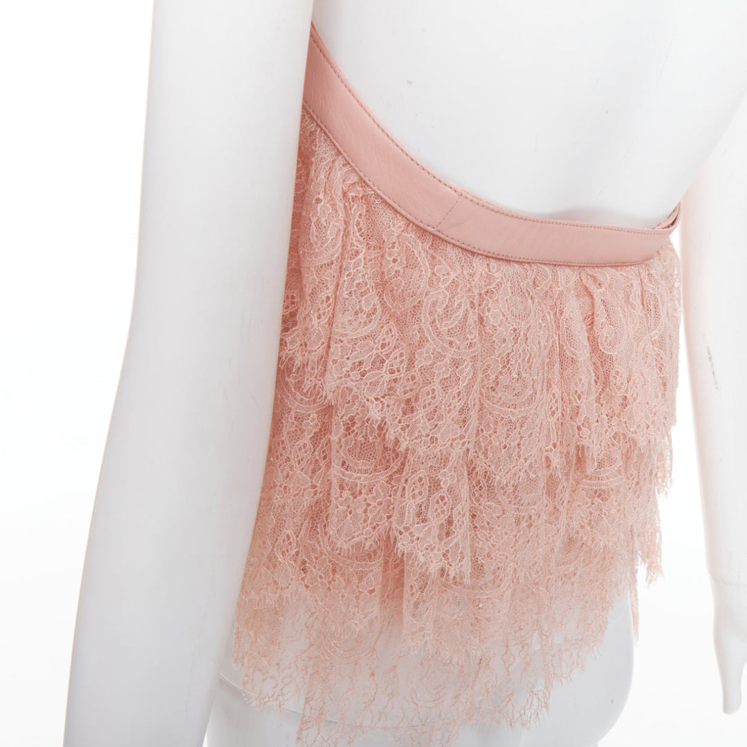 ALEXANDER MCQUEEN 2007 Runway pink lace leather cascade drape ruffle top IT38 XS
