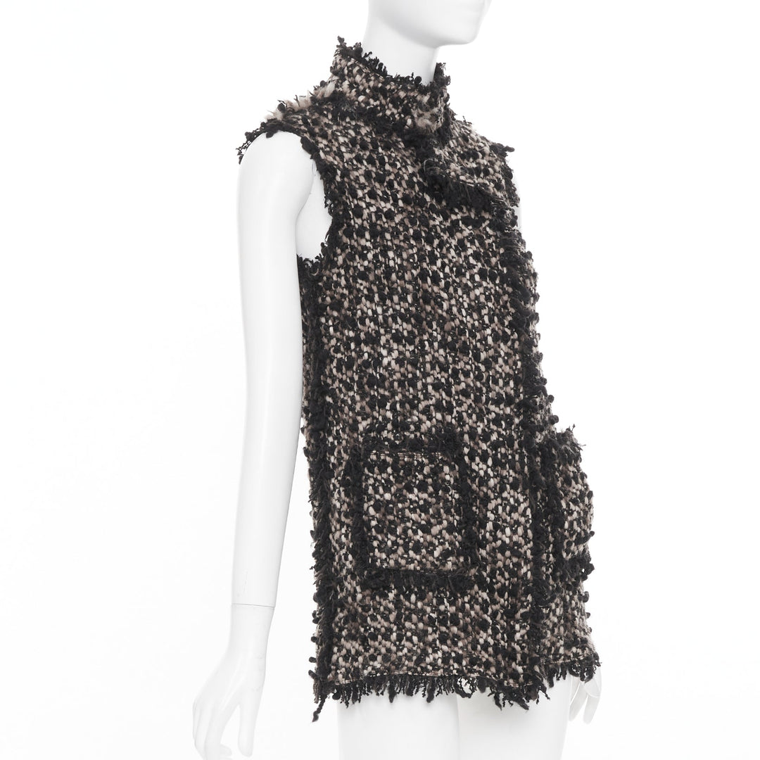 LANVIN 2012 Les 10 Ans beige black wool blend boucle tweed pocketed vest FR34