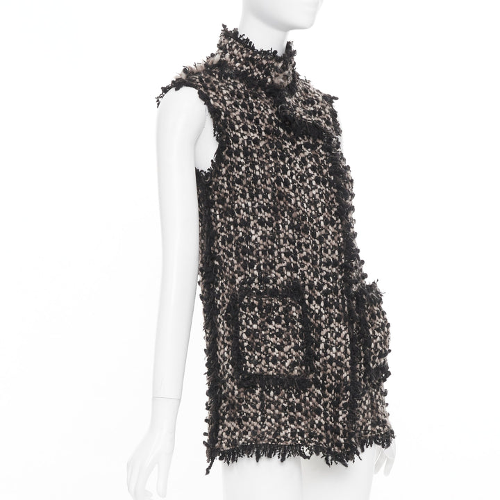 LANVIN 2012 Les 10 Ans beige black wool blend boucle tweed pocketed vest FR34