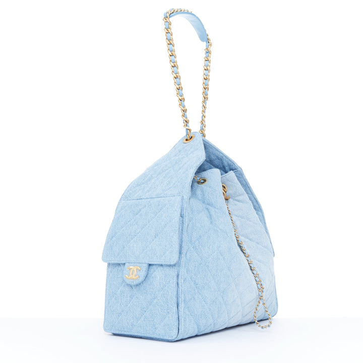 CHANEL Runway 25 Small light blue washed denim gold hardware bucket hobo bag