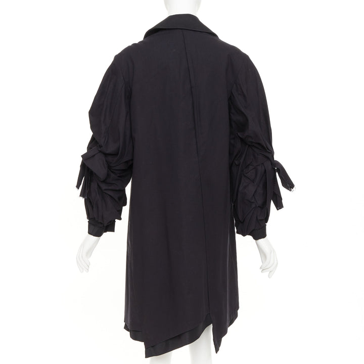 COMME DES GARCONS 2021 black twill cotton ruffled bow sleeve asymmetric coat S