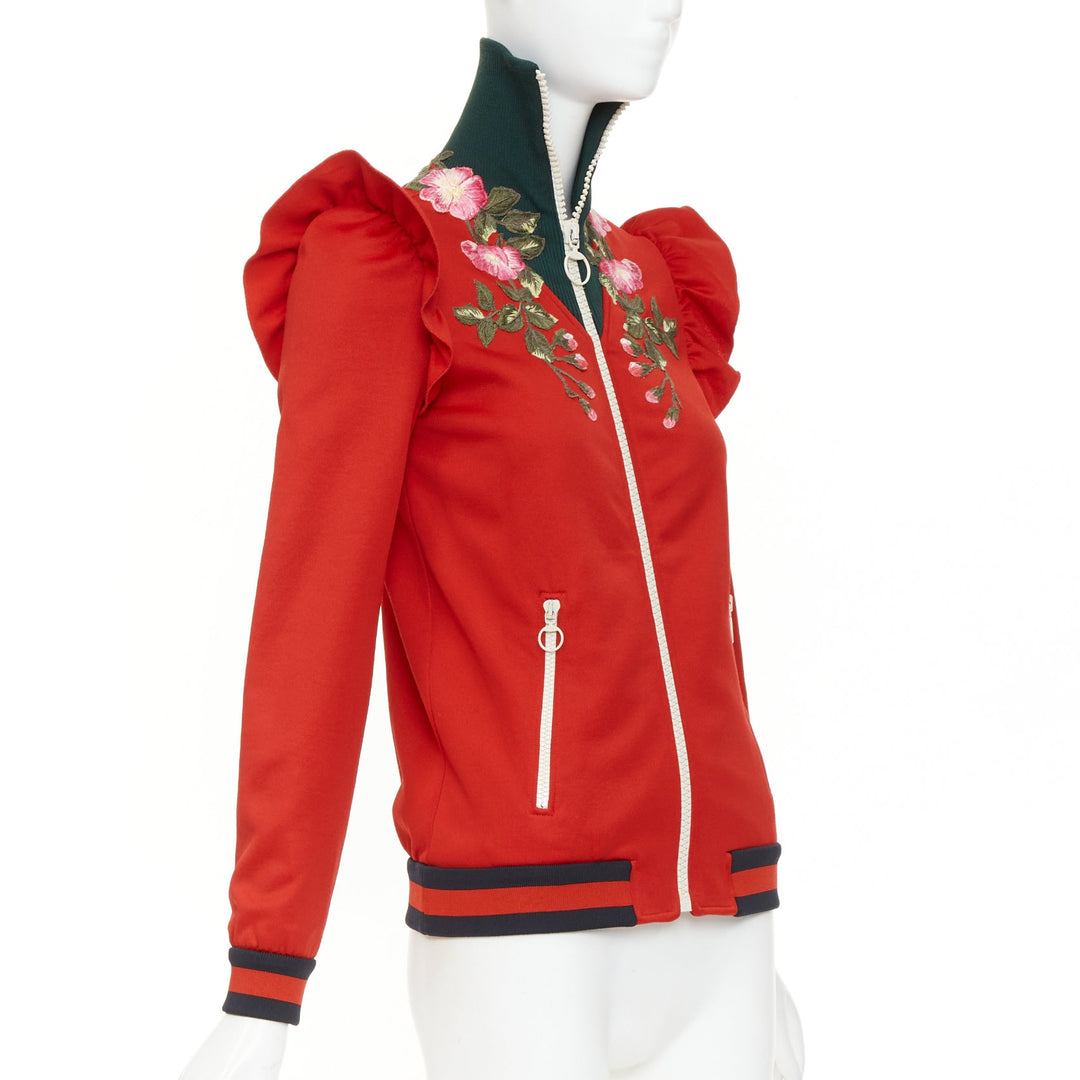 GUCCI 2017 red pink flower embroidery applique web ruffle zip track jacket XS