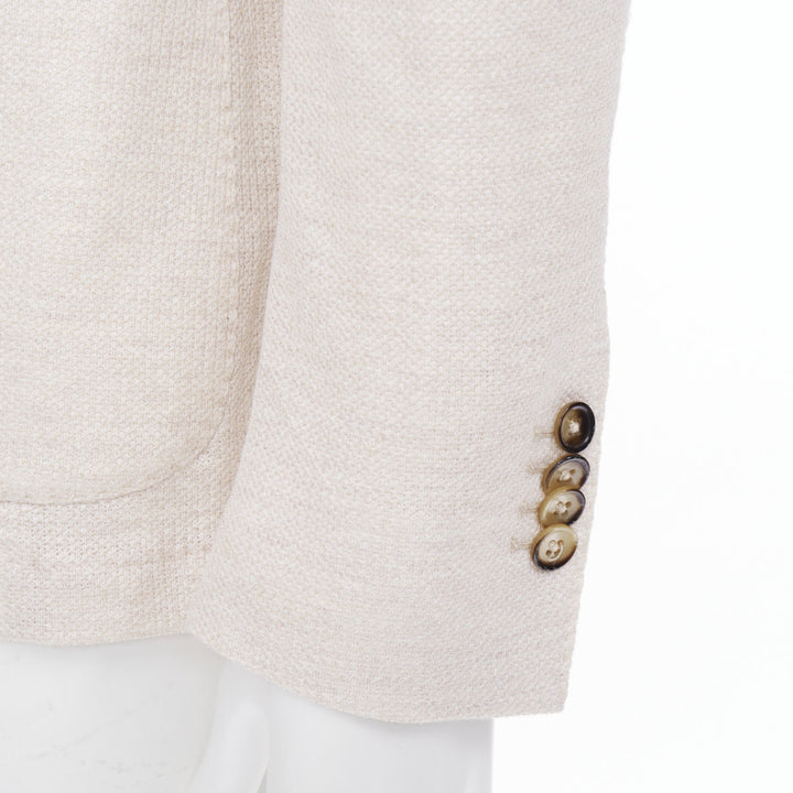 EQUIL beige flax cotton blend slub notch lapel patch pocket blazer jacket EU46 S