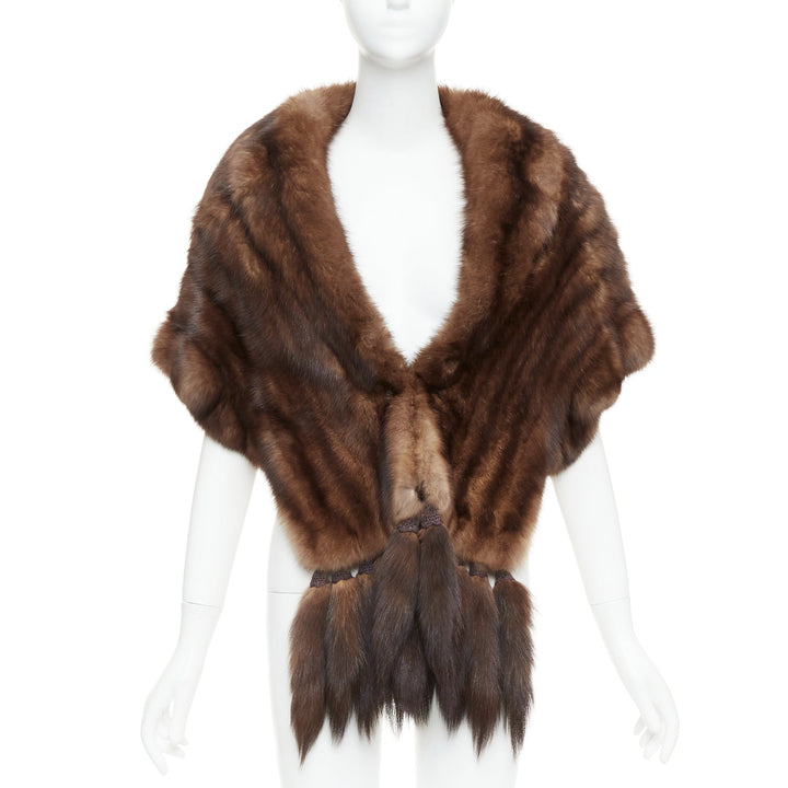 FLAMINGO brown real Russian fur tassel tiered shawl scarf stole
