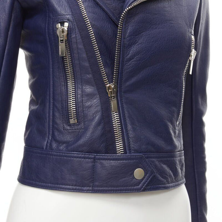 BALENCIAGA 2014 dark blue lambskin leather cropped fit biker jacket FR34 XS