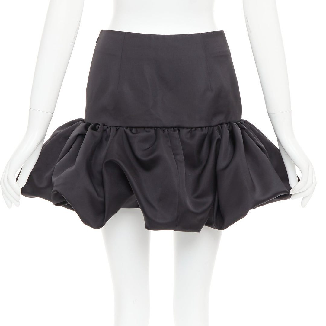 AREA black satin ruffle hem high waisted puffy mini skirt US2 XS