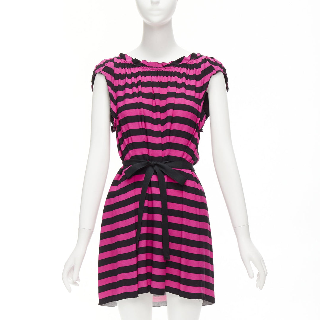 PRADA black hot pink striped pleated drop neck ribbon belt mini dress IT38 XS PRADA black hot pink striped pleated drop neck ribbon belt mini dress IT38 XS