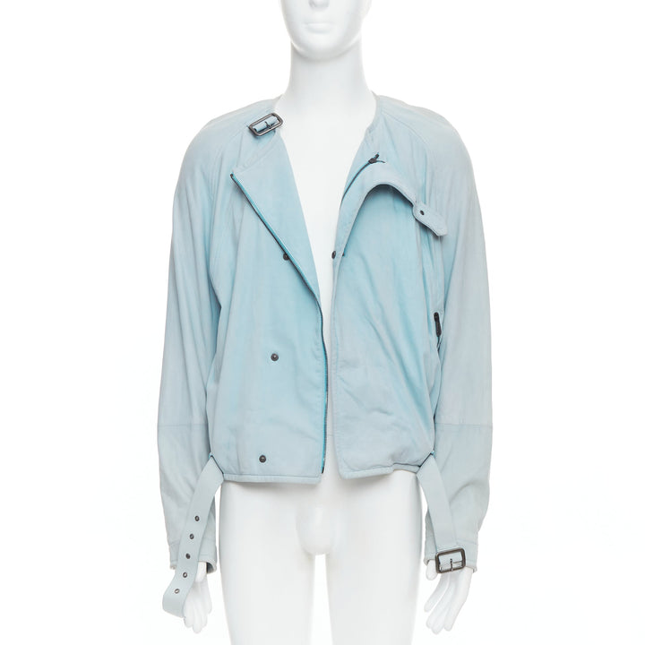 BOTTEGA VENETA light blue soft leather off centre biker jacket IT50 L