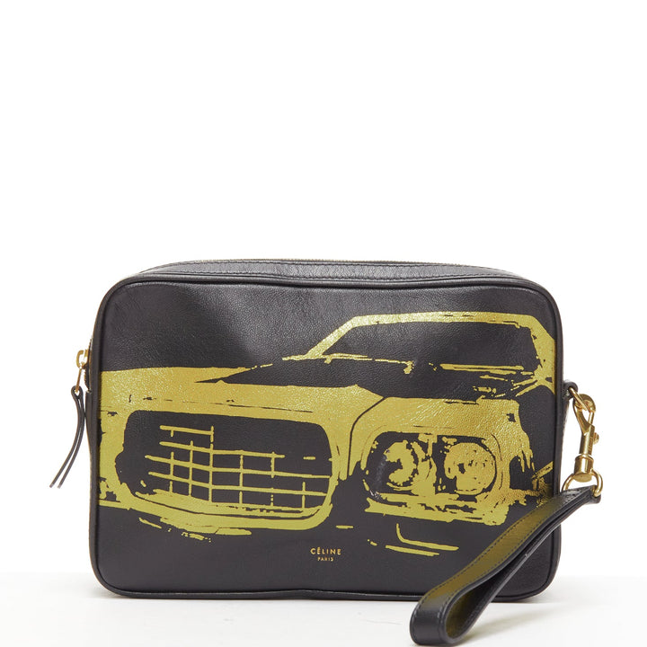 OLD CELINE Mustang Vintage Car print black leather gold foil wristlet clutch bag