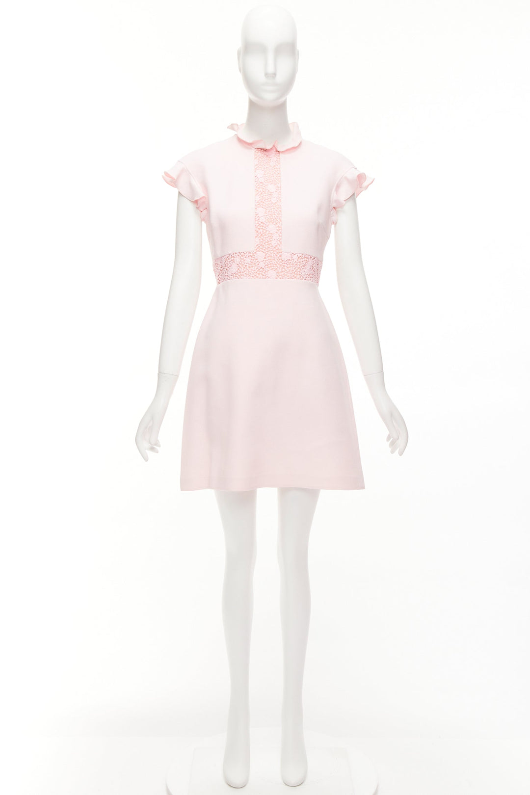 GIAMBATTISTA VALLI pink cotton crepe ruffle lace insert fit flare dress IT42 M