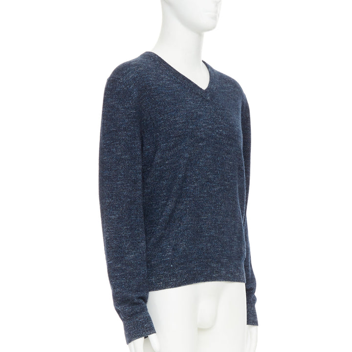 GUCCI navy wool silk cashmere melange V neck GG logo charm sweater L