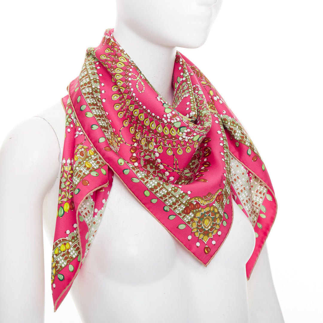 HERMES Parures des Maharajas pink green 100% silk jewel print scarf 90cm