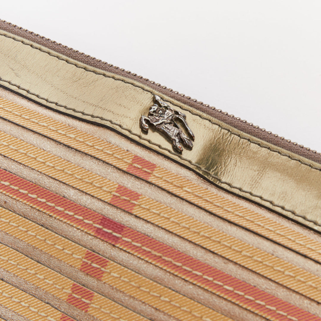 BURBERRY Nova Check metallic gold leather House Check applique zip clutch bag