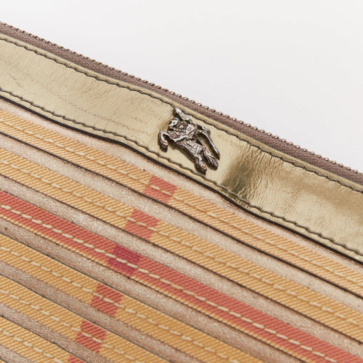 BURBERRY Nova Check metallic gold leather House Check applique zip clutch bag