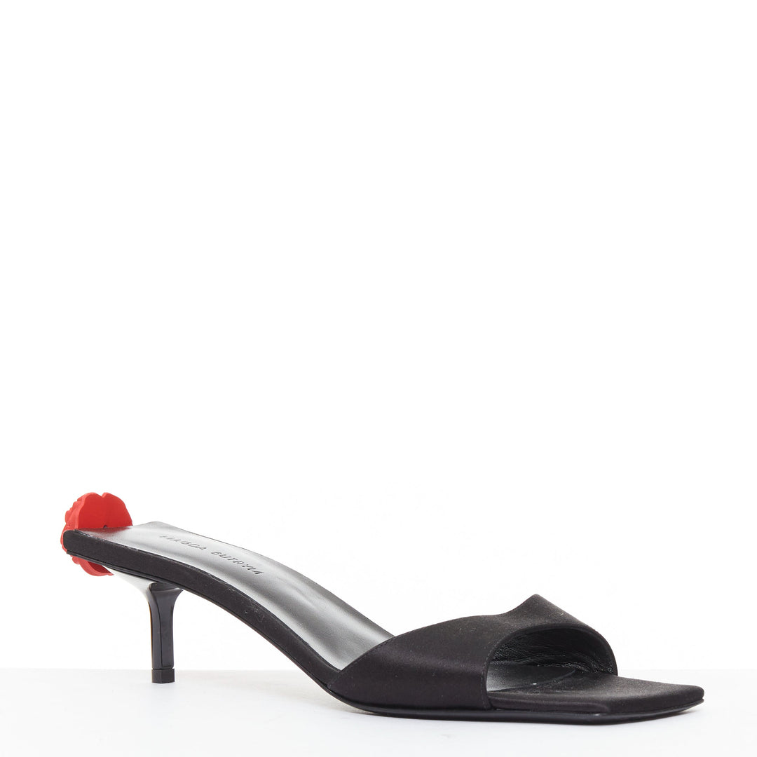 MAGDA BUTRYM red floral black satin embellished mid mule heels EU37.5