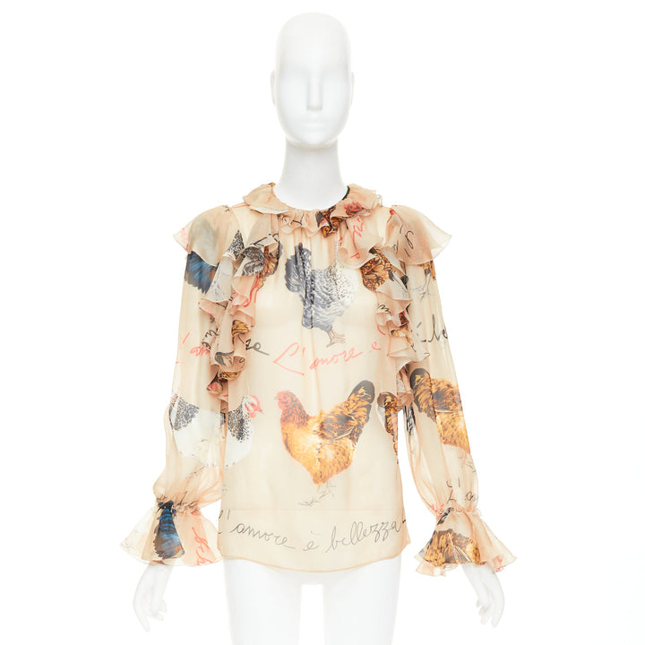 DOLCE GABBANA 100% silk beige chiken hen print sheer ruffled blouse IT38 XS