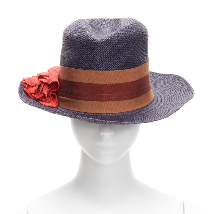 LANVIN 2015 Alber Elbaz red flower brown web ribbon navy straw fedora hat M