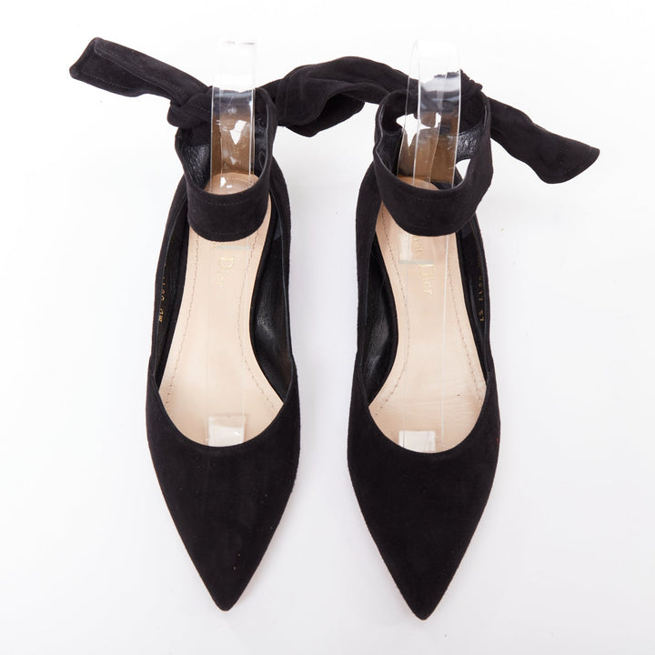 CHRISTIAN DIOR La Belle D black suede ankle bow ballerina flats EU37