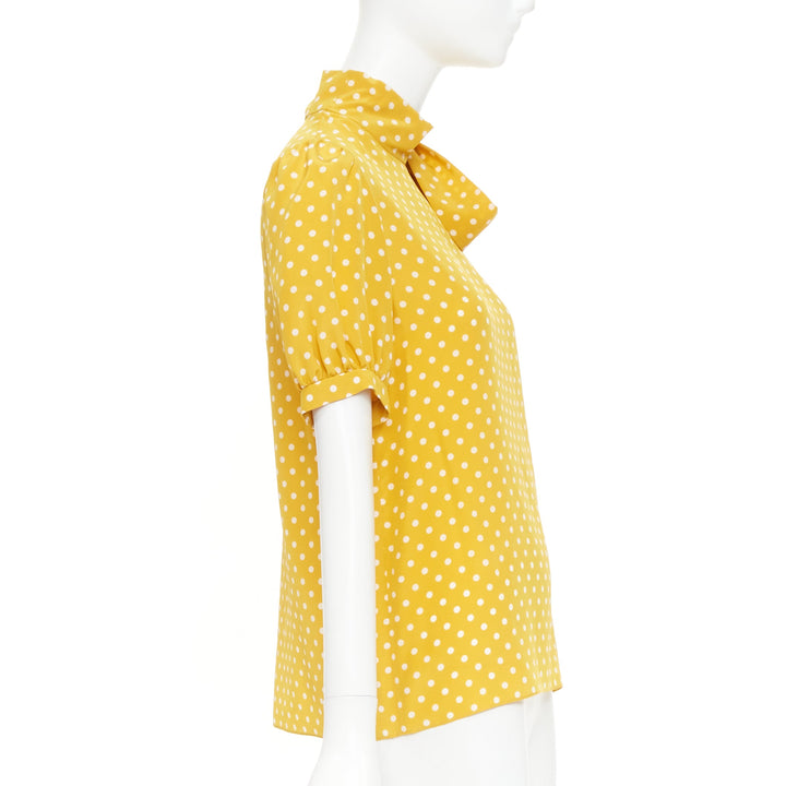 CELINE  100% silk yellow polka dot side pussybow puff sleeves blouse top FR36 S
