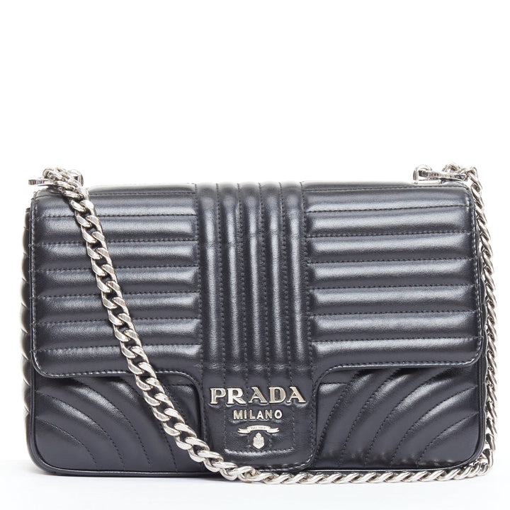 PRADA Diagramme black quilted silver logo crossbody flap shoulder bag