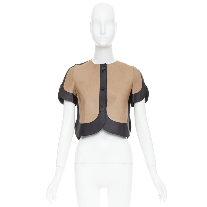 MARNI tan black calf leather curved panel petal sleeves cropped jacket IT38 XS