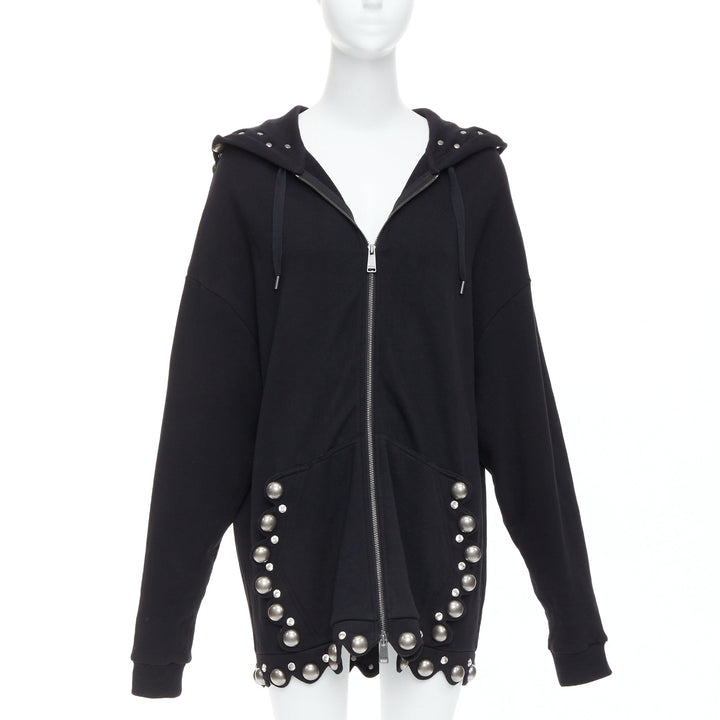 AREA Crystal Dome black cotton silver stud embellished hoodie XS