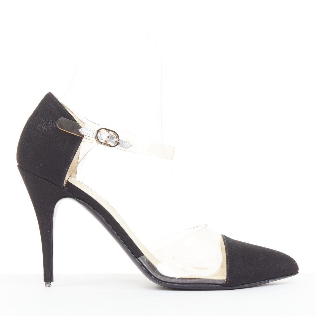CHANEL 2013 Runway black satin clear PVC plexi CC logo cap toe pump EU38.5