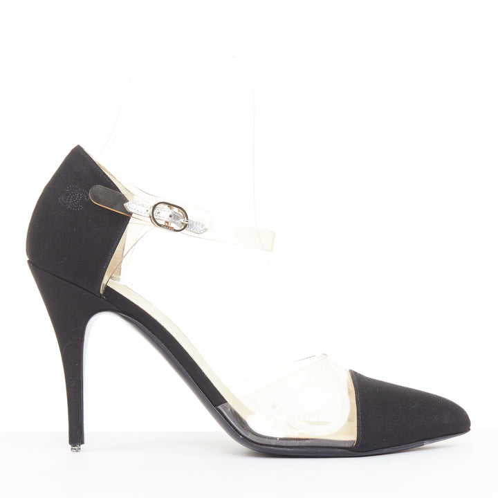 CHANEL 2013 Runway black satin clear PVC plexi CC logo cap toe pump EU38.5