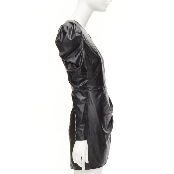 BRONX & BANCO black coated fabric puff shoulder drape skirt mini dress XS