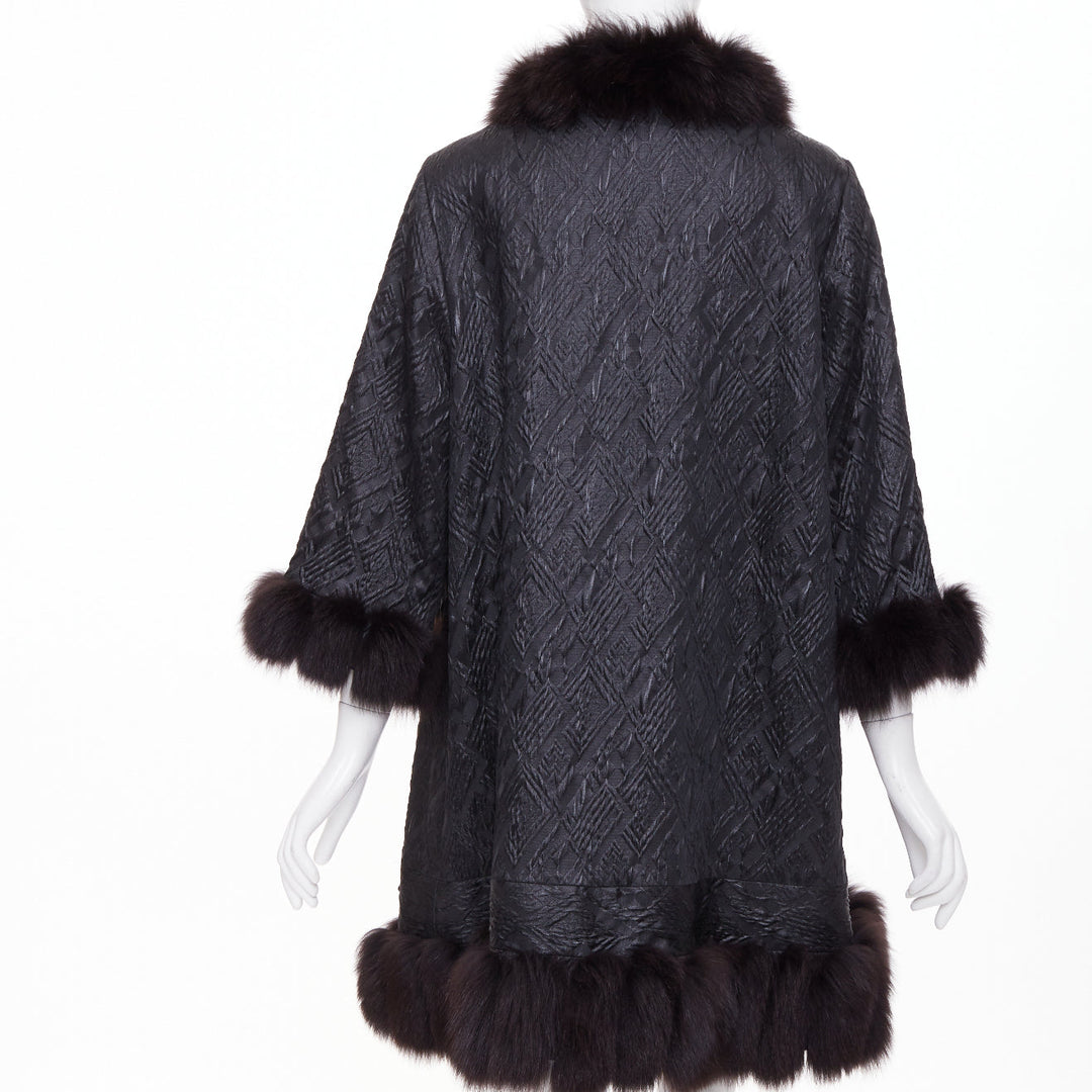 ADAM JONES 2004 black textured brocade real fur trim crystal buckle coat FR38 M