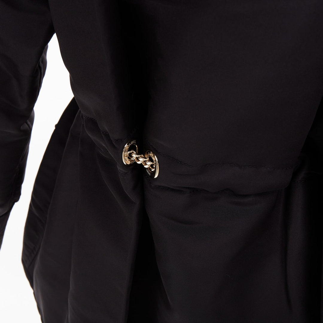 CHANEL 2023 black silk flap pocket gold chain drawstring utility jacket FR34 XS