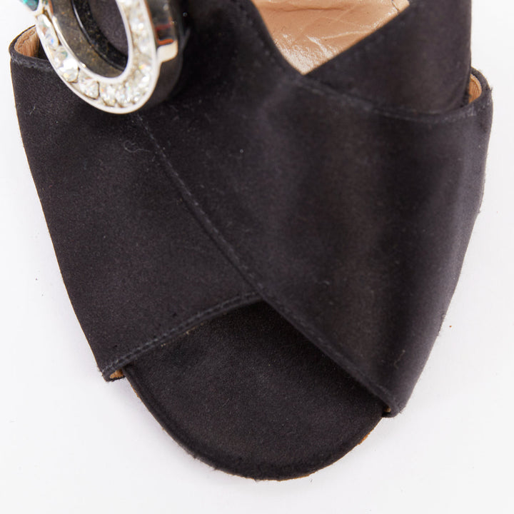 PRADA black satin green clear crystal buckle open toes muled sandals EU36.5