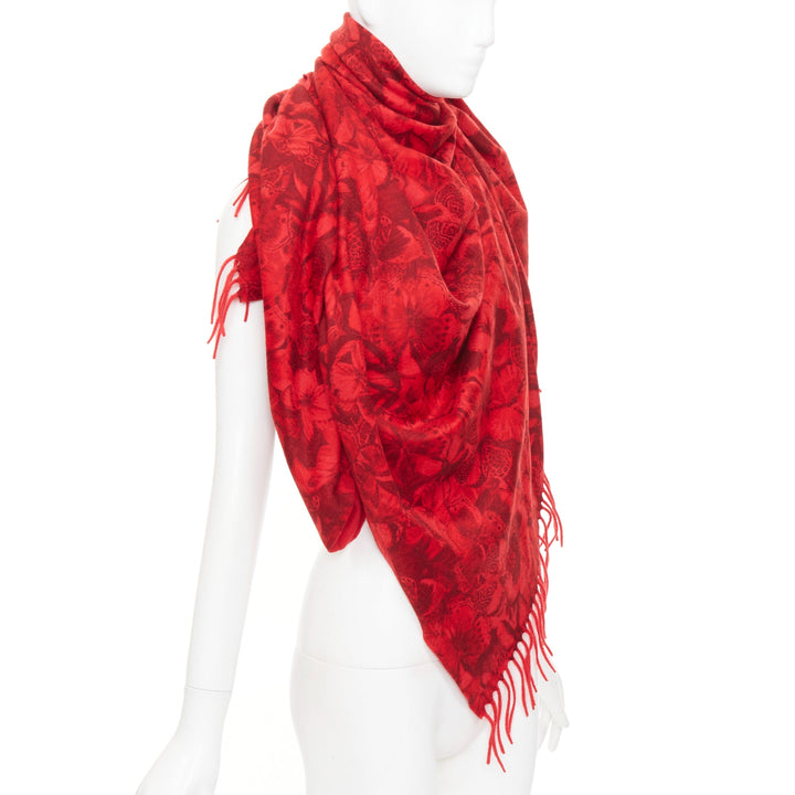 VALENTINO Camubutterfly 100% cashmere red butterfly floral print fringed scarf