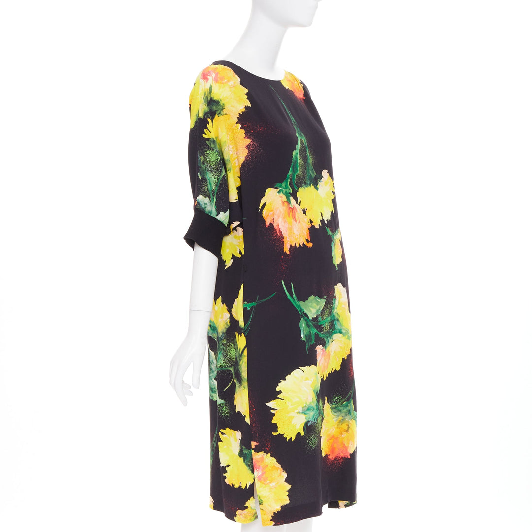 ESCADA graphic floral yellow orange black viscose dolman sleeve dress FR42 XL