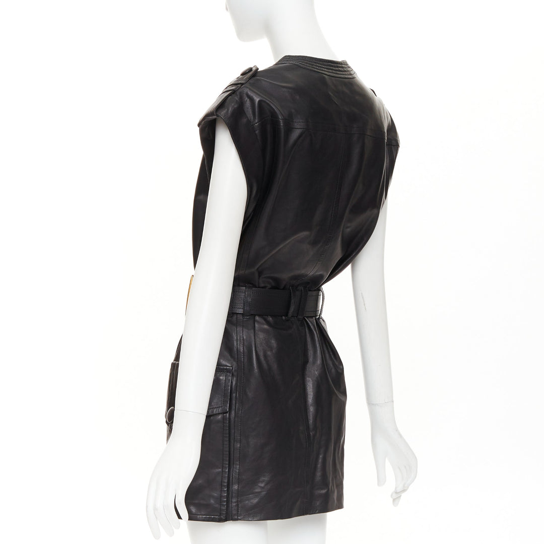BALMAIN black lambskin leather XL gold buckle belted dress FR34 XXS