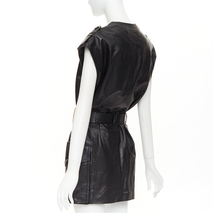 BALMAIN black lambskin leather XL gold buckle belted dress FR34 XXS