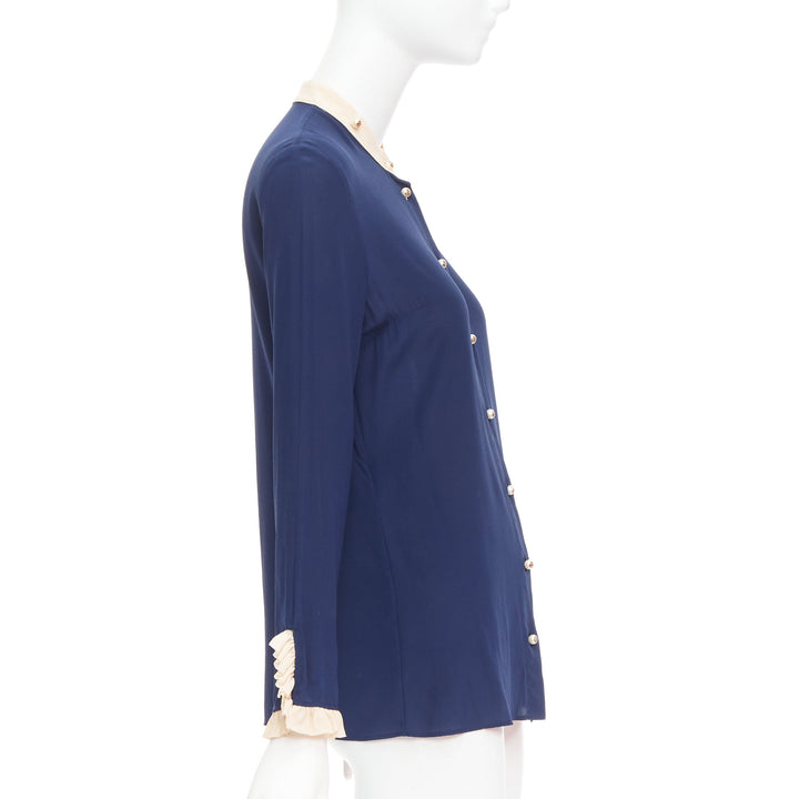 GUCCI 2017 navy 100% silk GG pearl buttons ruffle trim blouse shirt IT40 S